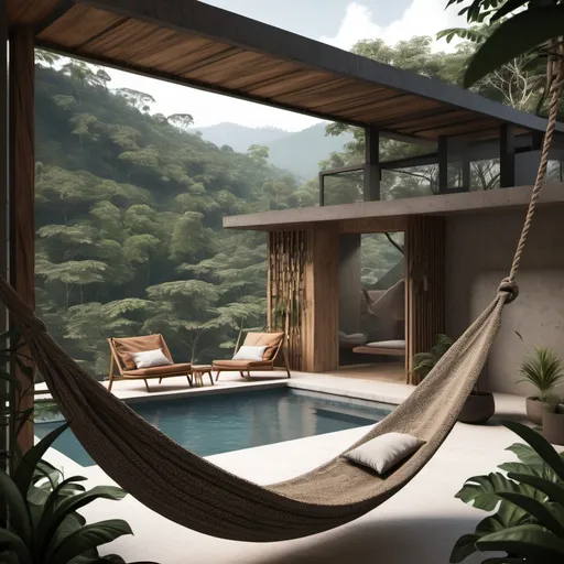 Prompt: generar diseño de área de descansado exterior con hamaca, fogata y una piscina natural pequeña de una casa de descanso pequeña ubicada en las afueras de jalapa guatemala, terreno abierto con  bosque, sobre una montaña, hecho con materiales como piedra, madera, metal y concreto expuesto estilo, incluir decoracion en paredes con cuadros, arte  deseño de la casa minimalista y campestre