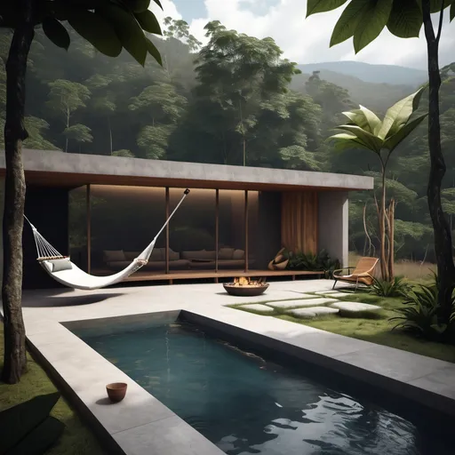 Prompt: generar diseño de área de descansado exterior con hamaca, fogata y una piscina natural pequeña de una casa de descanso pequeña ubicada en las afueras de jalapa guatemala, terreno abierto con  bosque, sobre una montaña, hecho con materiales como piedra, madera, metal y concreto expuesto estilo, incluir decoracion en paredes con cuadros, arte  deseño de la casa minimalista y campestre