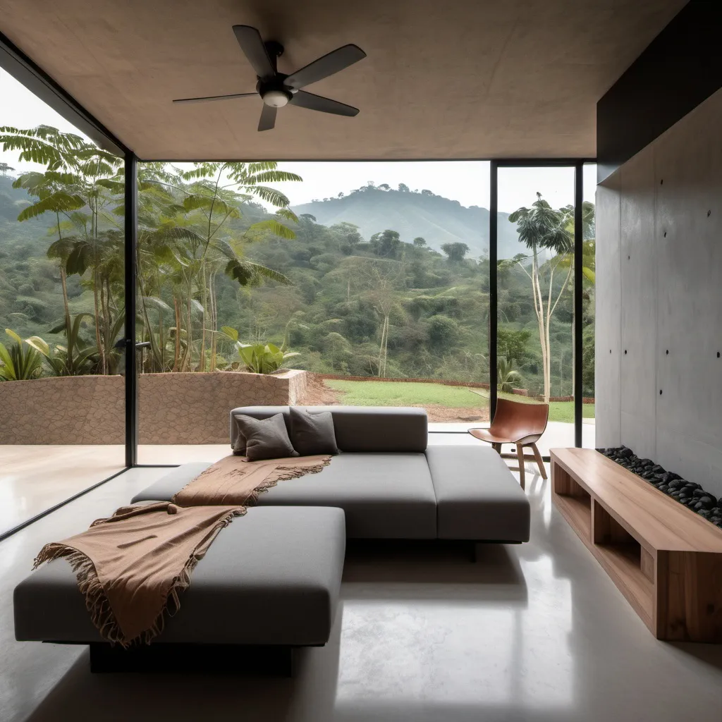 Prompt: generar el interior de una casa de descanso pequeña ubicada en las afueras de jalapa guatemala, terreno abierto con montaña y bosque, hecho con materiales como piedra, madera, metal y concreto expuesto estilo minimalista y campestre