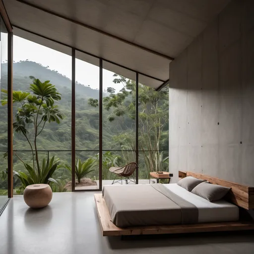 Prompt: generar diseño del interior de una habitación de una casa de descanso pequeña ubicada en las afueras de jalapa guatemala, terreno abierto con  bosque, sobre una montaña, hecho con materiales como piedra, madera, metal y concreto expuesto estilo minimalista y campestre