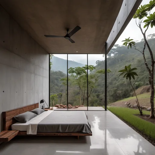 Prompt: generar habitación de una casa de descanso pequeña ubicada en las afueras de jalapa guatemala, terreno abierto con  bosque, sobre una montaña, hecho con materiales como piedra, madera, metal y concreto expuesto estilo minimalista y campestre