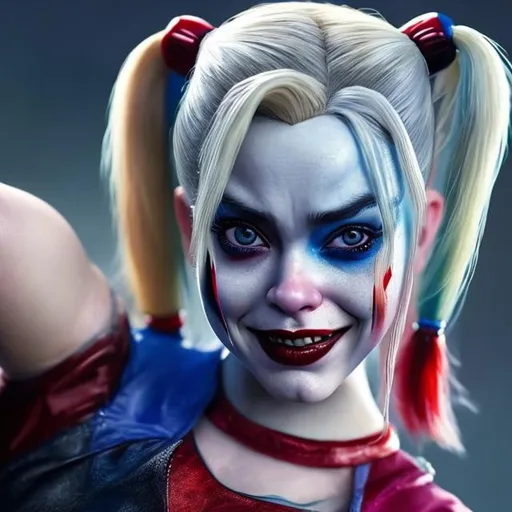 Prompt: Harley Quinn (masterpiece) (hyper realistic) (8K) (detailed photography) instagram able, centered, extremely detailed face, extremely detailed eyes, extremely detailed clothes, an artist, show me a woman draw style, clear face, crystal clear eyes, canvas.