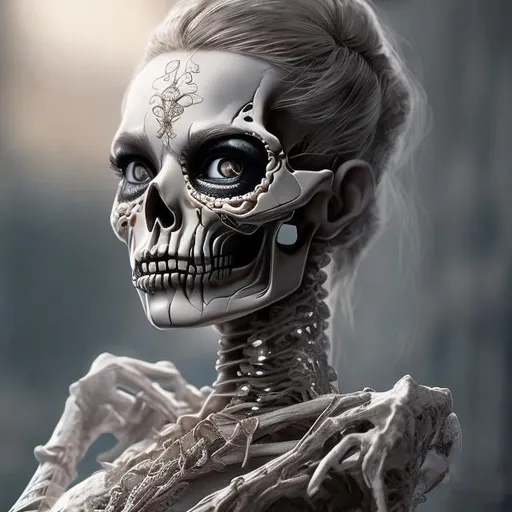 Prompt: Beautiful Skeleton girl(masterpiece) (hyper realistic) (8K) (detailed photography) instagram able, centered, extremely detailed face, extremely detailed eyes, extremely detailed clothes, an artyst, show me a woman draw style, clear face, crystal clear eyes.