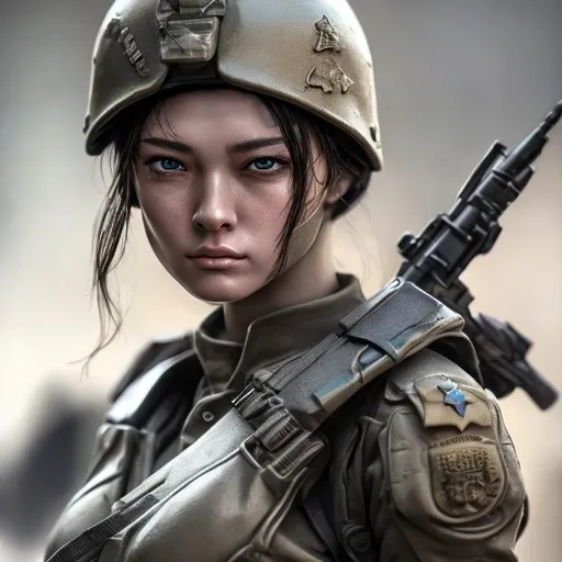 Prompt: Woman Soldier, (masterpiece) (hyper realistic) (8K) (detailed photography) instagram able, centered, extremely detailed face, extremely detailed eyes, extremely detailed clothes, an artyst, show me a woman draw style, clear face, crystal clear eyes.