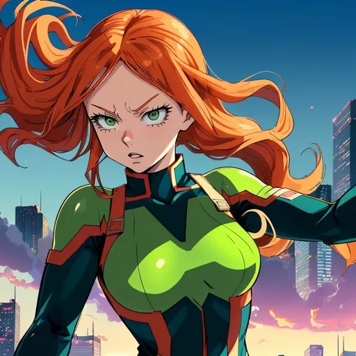 Prompt: (My Hero Academia character), girl with long (naturally ginger hair), bright green eyes, (soft features), exuding kindness, wearing a sleek and (tight hero costume), showcasing her quirk "vaporize", positioned romantically or interactively with Bakugou, (dynamic pose), (vibrant colors), (highly detailed), capturing the spirit of a superhero love story, set against a city skyline backdrop for dramatic effect.