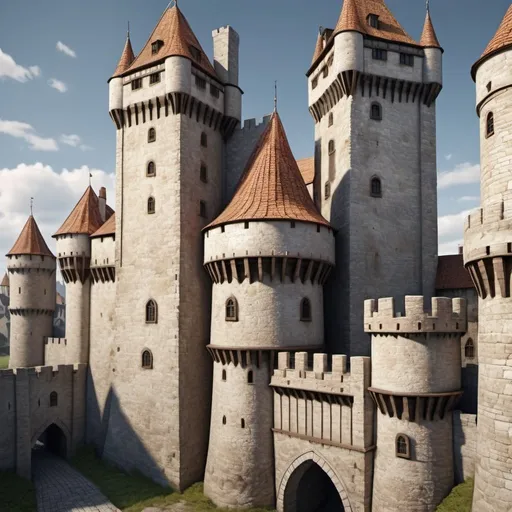 Prompt: medieval high castle towers town with walls around hyper realistic picture 