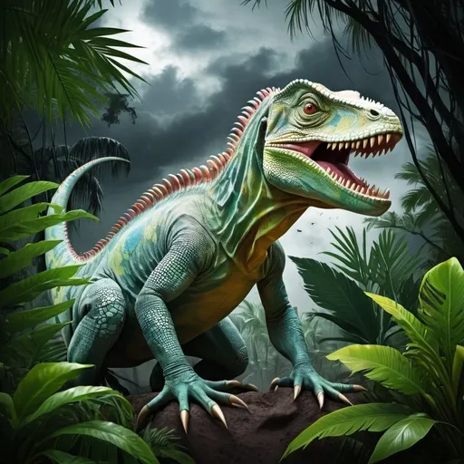 Prompt: Create a graphic iguanadon, in a stormy jungle environment, with negative emotions