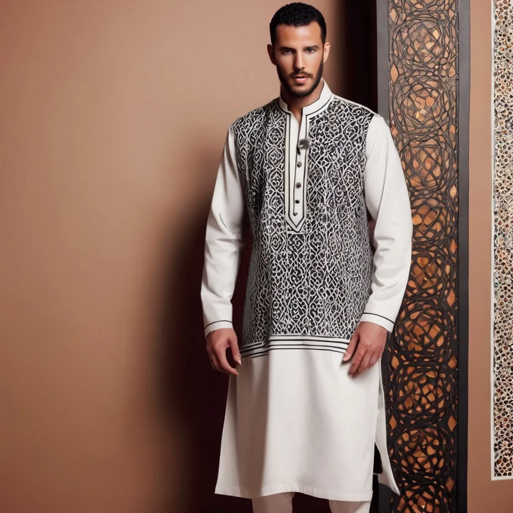 Prompt: Design modern clothing by adding a moroccan touch for men