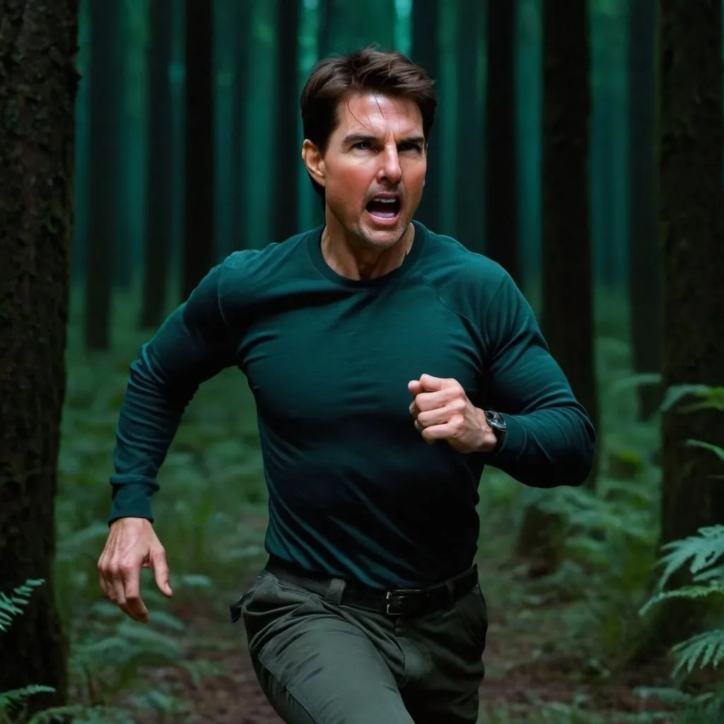 Prompt: Tom Cruise running in a forest at night