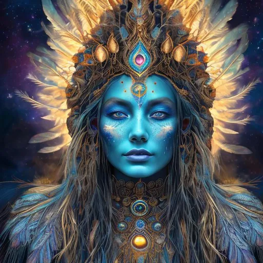 Prompt: Cosmic shaman woman with beautiful face, vibrant blue and golden feathers, ethereal lighting, high-res, digital art, realism, cosmic, vibrant, detailed, professional, colorful, mystical aura, intricate details, mesmerizing gaze, intricate headdress, glowing energy, otherworldly beauty, radiant complexion, cosmic energy, professional digital art, high quality