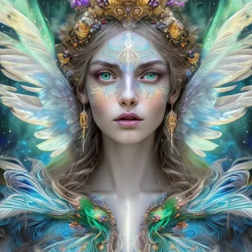 Prompt: Angelic woman with beautiful face, green eyes, vibrant white and blue wings, ethereal lighting, high-res, digital art, realism, cosmic, vibrant, detailed, professional, colorful, mystical aura, intricate details, mesmerizing gaze, intricate headdress, glowing energy, otherworldly beauty, radiant complexion, cosmic energy, professional digital art, high quality