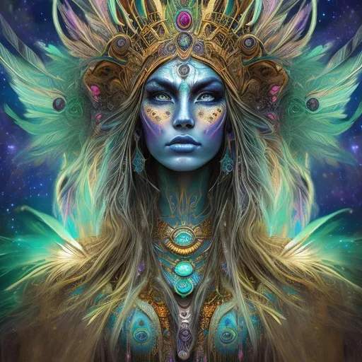 Prompt: Cosmic shaman woman with beautiful face, green eyes, vibrant blue and golden feathers, ethereal lighting, high-res, digital art, realism, cosmic, vibrant, detailed, professional, colorful, mystical aura, intricate details, mesmerizing gaze, intricate headdress, glowing energy, otherworldly beauty, radiant complexion, cosmic energy, professional digital art, high quality