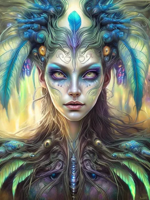 Prompt: Alien woman with beautiful face, green eyes, long flowing hair, vibrant, blue feather wings, ethereal lighting, high-res, digital art, realism, cosmic, vibrant, detailed, professional, colorful, mystical aura, intricate details, mesmerizing gaze, intricate headdress, glowing energy, otherworldly beauty, radiant complexion, cosmic energy, professional digital art, high quality