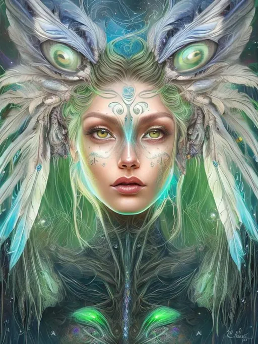 Prompt: Alien woman with beautiful face, green eyes, long flowing hair, vibrant, blue feather wings, ethereal lighting, high-res, digital art, realism, cosmic, vibrant, detailed, professional, colorful, mystical aura, intricate details, mesmerizing gaze, intricate headdress, glowing energy, otherworldly beauty, radiant complexion, cosmic energy, professional digital art, high quality