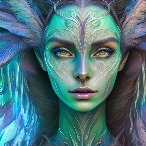 Prompt: Alien woman with beautiful face, green eyes, long flowing hair, vibrant, blue feather wings, ethereal lighting, high-res, digital art, realism, cosmic, vibrant, detailed, professional, colorful, mystical aura, intricate details, mesmerizing gaze, intricate headdress, glowing energy, otherworldly beauty, radiant complexion, cosmic energy, professional digital art, high quality