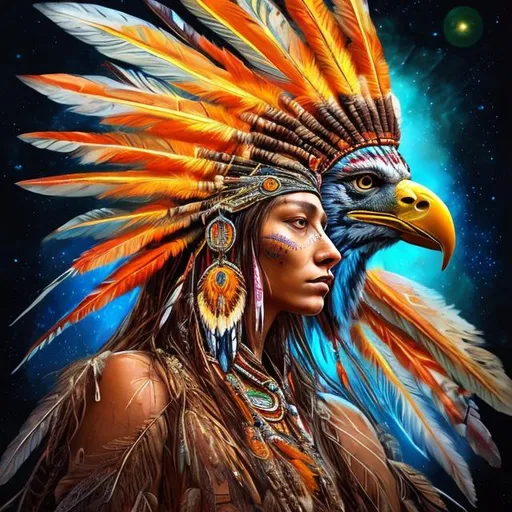 Prompt: Native American eagle shaman woman with beautiful face, vibrant orange and gold feathers, ethereal lighting, high-res, digital art, realism, cosmic, vibrant, detailed, professional, colorful, mystical aura, intricate details, mesmerizing gaze, intricate headdress, glowing energy, otherworldly beauty, radiant complexion, cosmic energy, professional digital art, high quality