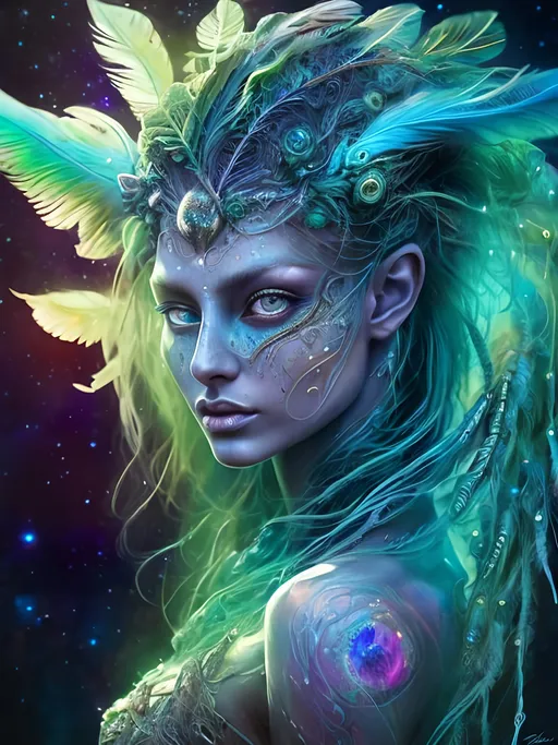 Prompt: Alien woman with beautiful face, green eyes, long flowing hair, vibrant, blue feather wings, ethereal lighting, high-res, digital art, realism, cosmic, vibrant, detailed, professional, colorful, mystical aura, intricate details, mesmerizing gaze, intricate headdress, glowing energy, otherworldly beauty, radiant complexion, cosmic energy, professional digital art, high quality