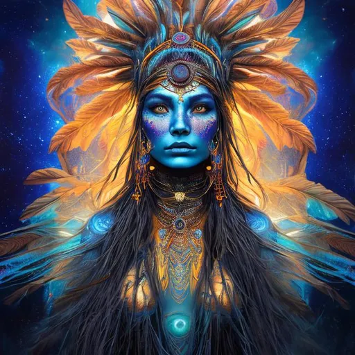 Prompt: Cosmic shaman woman with beautiful face, vibrant blue and golden feathers, ethereal lighting, high-res, digital art, realism, cosmic, vibrant, detailed, professional, colorful, mystical aura, intricate details, mesmerizing gaze, intricate headdress, glowing energy, otherworldly beauty, radiant complexion, cosmic energy, professional digital art, high quality