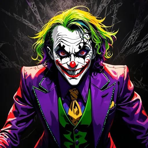 Prompt: joker, menacing grin, vivid colors, dynamic pose, chaotic atmosphere, sharp contrast, intense expression, dark background, hints of mischief in eyes, symbolizing madness, theatrical makeup, playful yet sinister, grunge style, high detail, 4K, theatrical elements surrounding, captivating aura, emotion of unpredictability, whimsical elements woven in.