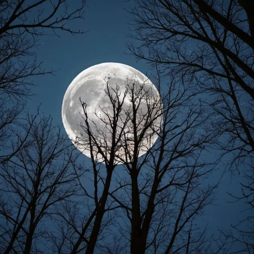Prompt: full moon looks amazing among the trees low perspective