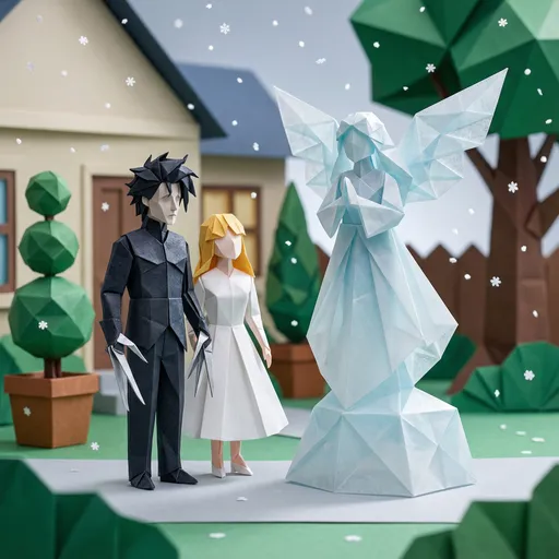 Prompt: Transform a scene from the movie "Edward Scissorhands" into an origami version, as if the entire artwork is folded from high-quality paper. Preserve the key elements of scene so it remains instantly recognizable, but simplify shapes into crisp folds, geometric paper edges, and realistic paper textures. Add soft studio lighting and subtle paper shadows for a clean collectible art look.