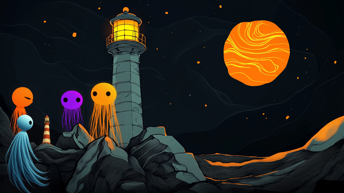 Prompt: @hVDLST43bBsp5Sq7GUUT looking at the lighthouse and is facing away from camera, looking at lighthouse, no eyes,