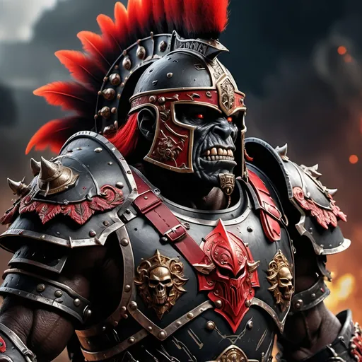 Prompt: Black Ork
Hight : 1,56cm
Weigt: 70Kg

Wear a Roman Legion Armor and a Centurio Helmet with red bush.