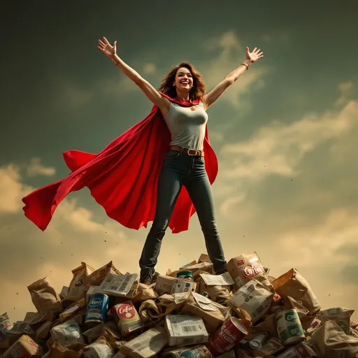 Prompt: A smiling, beautifal mom in a red cape standing triumphantly on a pile of expired coupons, off-brand grocery bags, and old coffee tins. Bold lighting, exaggerated proportions, action-comedy vibe, comic book tone, cinematic quality
