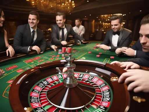 Prompt: create a 3 roulette tables with people on it who are gambling
