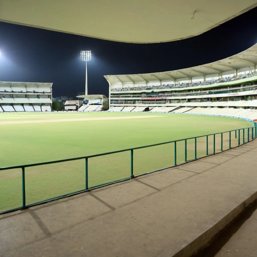 Prompt: An empty cricket stadium, boundary line view
