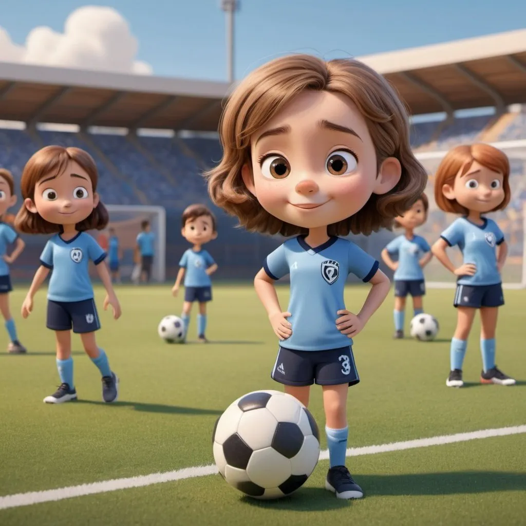 Prompt: a cartoon 3d style little girl, concept art by Pixar,  5 years old. Light brown, shoulder length hair. In a soccer uniform, navy blue shorts and light blue short sleeved tee shirt. Holding a soccer ball ready to play. Background is a soccer field with other children playing.
