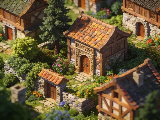 Prompt: Isometric style village, with detailed buildings and lush surroundings.