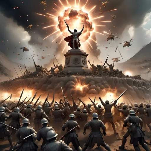Prompt: An epic scene of soldiers in triumph over a a terrible force depict an ultimate win and victory over incredible odds, create massive scale battles and lights exploding.
