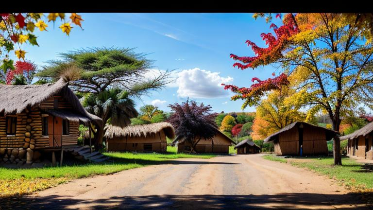 Prompt: create real photo scene of  typical Africant village in current period (it is 21. century) current season is autumn theme in scene and time in scene is 11:00 AM and weather is  nice and sunny, make a random  image but 100% photorealistic and perfectly focused on details looking like as make by a professional with use HDR profile and maximum ISO value 102000