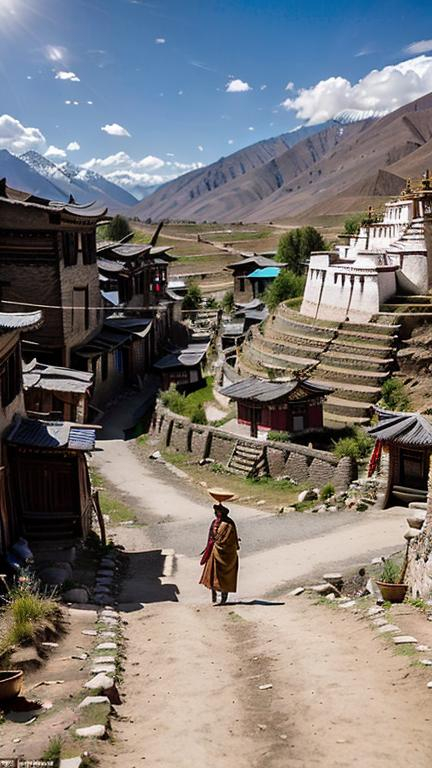 Prompt: create real photo scene of  typical village in Tibet ona place relatively isolated from civilization,  in the historical period about 1. century,  current season is spring theme in scene and time in scene is 9:00 AM and weather is  nice and sunny, make a random  image but 100% photorealistic and perfectly focused on details looking like as make by a professional with use HDR profile and maximum ISO value 102000