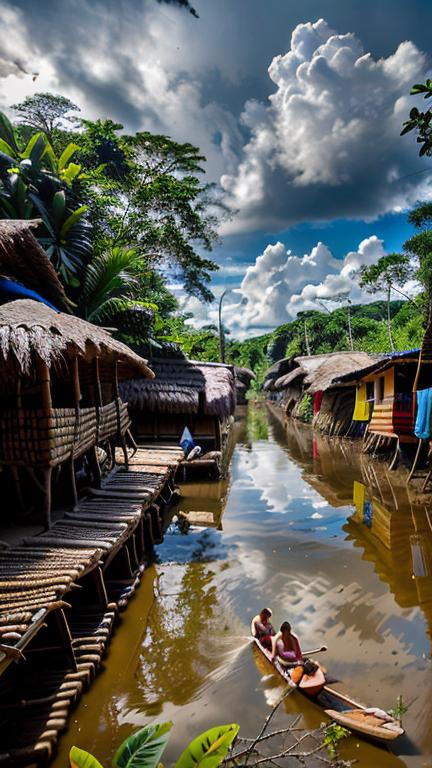 Prompt: create real photo scene of  typical village in the south american Amazonia far and isolated from civilization, near any river, deep in the rain forest in the historical period about 12. century,  current season is spring theme in scene and time in scene is 9:00 AM and weather is  nice and sunny, make a random  image but 100% photorealistic and perfectly focused on details looking like as make by a professional with use HDR profile and maximum ISO value 102000