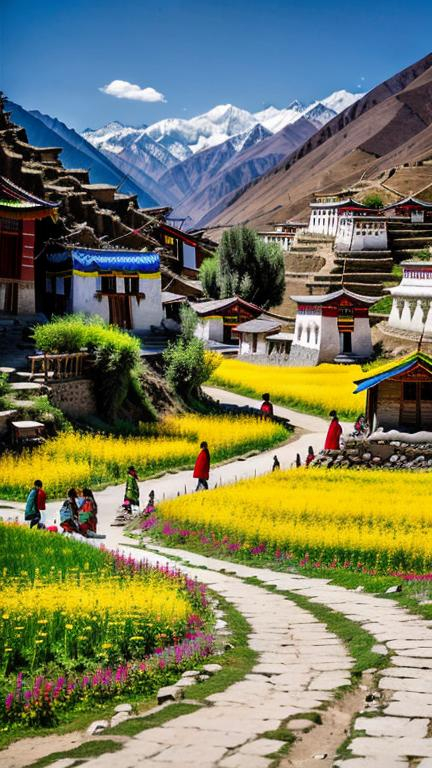 Prompt: create real photo scene of  typical village in Tibet ona place relatively isolated from civilization,  in the historical period about 1. century,  current season is spring theme in scene and time in scene is 9:00 AM and weather is  nice and sunny, make a random  image but 100% photorealistic and perfectly focused on details looking like as make by a professional with use HDR profile and maximum ISO value 102000