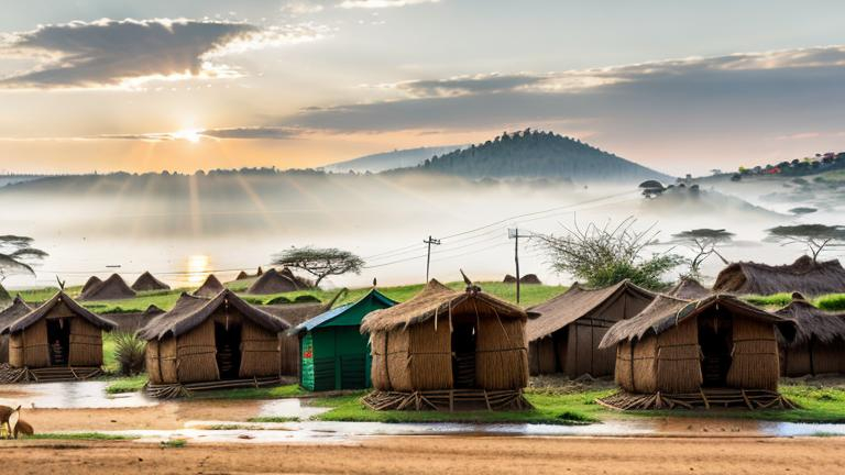 Prompt: create real photo scene of  typical Africant village in current period (it is 21. century) current season is autumn theme in scene and time in scene is 11:00 AM and weather is  nice and sunny, make a random  image but 100% photorealistic and perfectly focused on details looking like as make by a professional with use HDR profile and maximum ISO value 102000