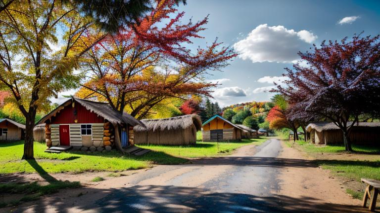 Prompt: create real photo scene of  typical Africant village in current period (it is 21. century) current season is autumn theme in scene and time in scene is 11:00 AM and weather is  nice and sunny, make a random  image but 100% photorealistic and perfectly focused on details looking like as make by a professional with use HDR profile and maximum ISO value 102000