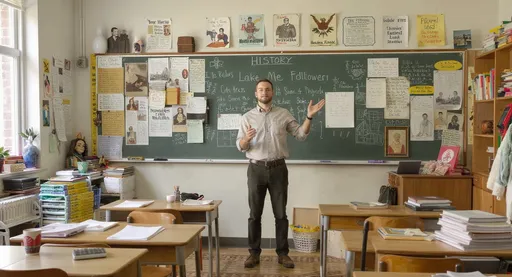 Prompt: history teacher in a fun energetic classroom filled with historical items
