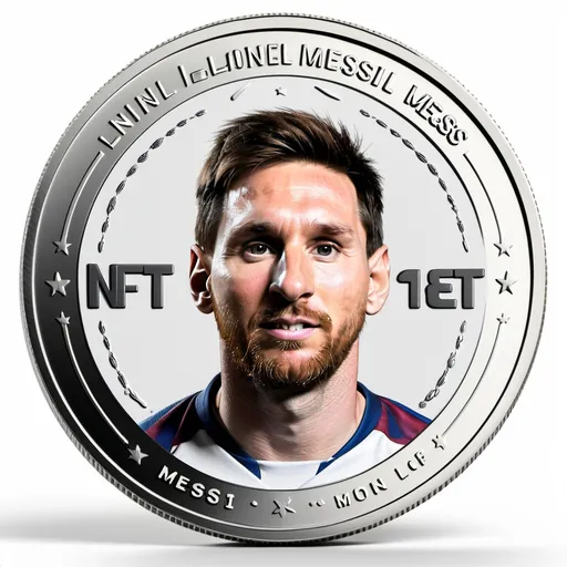 Prompt: Inside the white background is a coin with the text NFT and Lionel Messi's photo on it