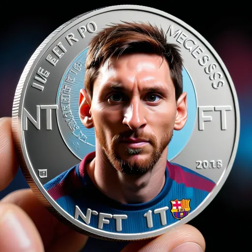 Prompt: A coin with NFT text and Lionel Messi's photo on it