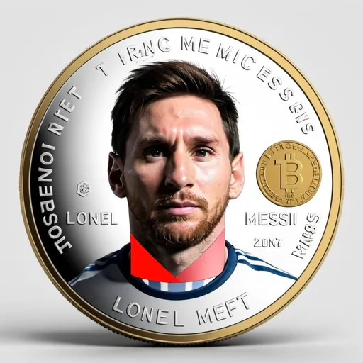 Prompt: Inside the white background is a coin with the text NFT and Lionel Messi's photo on it