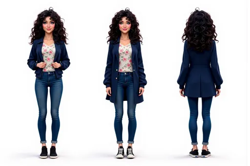 Prompt: A full-body character sheet of hyper-realistic digital young woman b9fe49a1 with curly dark hair, blue eyes, floral shirt, navy coat, jeans, black sneakers displayed in three clear views on a clean white background, arranged in a three-column grid pattern with equal spacing and importance. Left panel: front view showing complete anatomical details and outfit. Center panel: perfect 90-degree side view (profile) clearly showing the character's side silhouette, facial profile, and outfit from a direct lateral perspective. Right panel: back view revealing posterior details Each view maintains consistent scale, lighting, and full-body presentation from head to toe. All three perspectives must be equally detailed and given equal prominence in the composition.