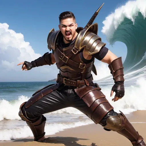 Prompt: Make me a banner for a Twitch profile- I'm a streamer named "Tsunami Surprise." He's an assassin wearing leather armor that leaps from a tsunami to kill someone laying defensively/scared on the beach.

Ensure there's a wave part of the Tsunami in the background that he's leaping from with his weapons drawn.