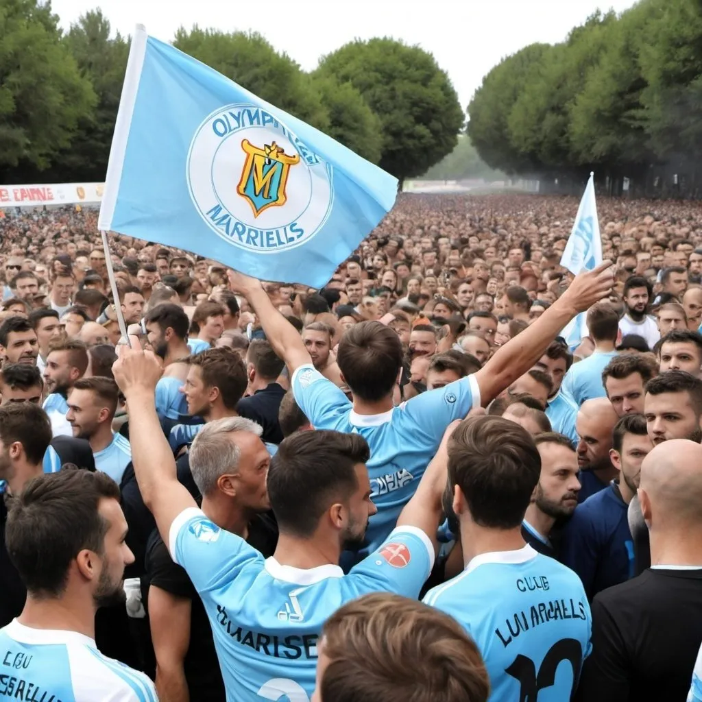 Prompt: je voudrais voir une photo d'un supporter de l'Olympique de Marseille dégouté au premier plan avec derrière lui en arrière fond les supporters du Racing Club de Lens en train de faire la fête 