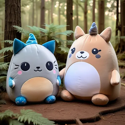 Prompt: A gray squishmallow cat and a blue squishmallow dinosaur with 3 horns and a light brown dog squishmallow living in a forest