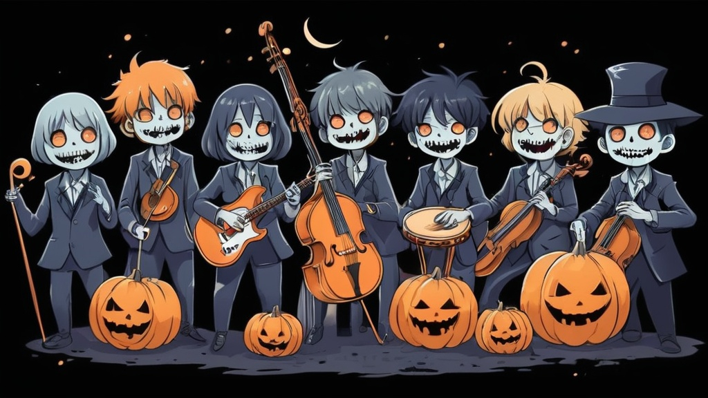 Prompt: illustration of anime characters. A haunted band orchestra of halloween anime monster. During the concert in the foggy street of the haunted village, their music instruments became alive and haunted