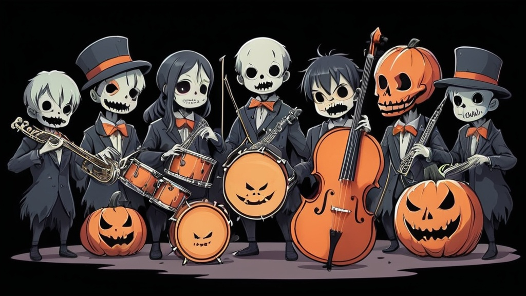 Prompt: illustration of anime characters. A haunted band orchestra of halloween anime monster. During the concert in the foggy street of the haunted village, their music instruments became alive and haunted