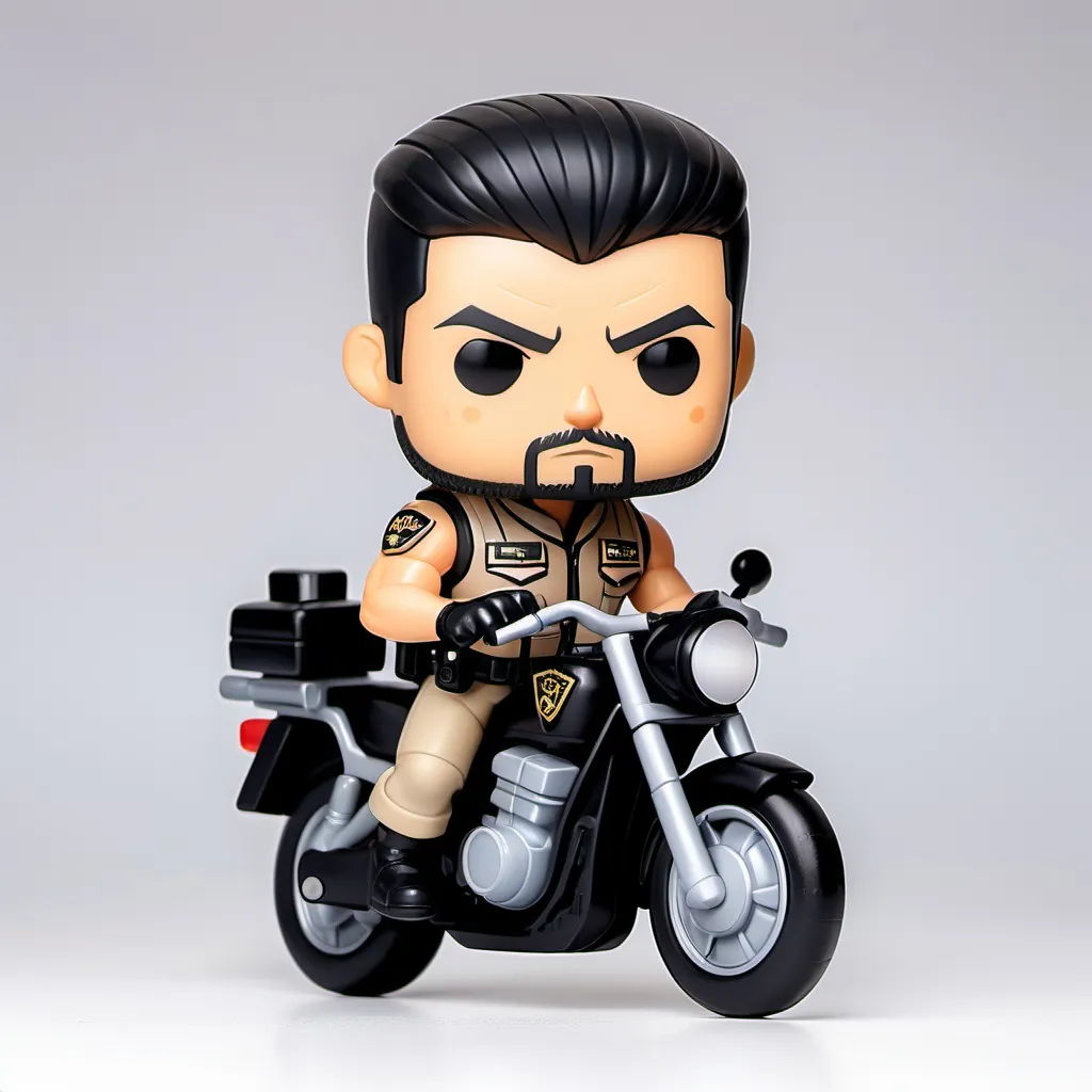 Prompt: Imagine a character stylized in Funko Pop style, aged 43, muscular, with short black hair. With beige military police uniform and black bulletproof vest. He is on top of a police Honda XRE motorcycle. He is in a maker scenario with a white background. The name on the base has to be Cabo Ren� Ambr�sio.